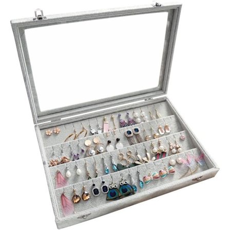 Sammetstäckt Örhängeslåda med Transparent Lock, Organizer för 32 Par Örhängen, Stiftfack, Visningsfodral (Örhängesförvaring) Earring Box