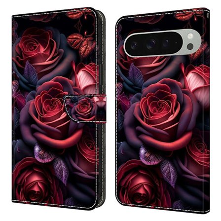 Google Pixel 9 Pro XL Etui med pung Mønster print Stand Leather Flip Phone Cover - Sort Rose