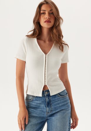 Bubbleroom - Short Sleeve Collar Top - Offwhite - Kläder
