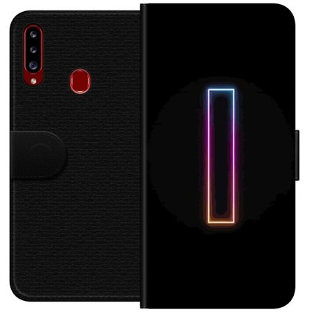 Kompatibel Tegnebogsetui til Samsung Samsung Galaxy A20s Minimalistisk neonbogstav I i regnbuefarver mod mørk baggrund