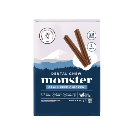 Monster Pet Food - Dog Dental Chew Grain Free Chicken Large Month 28 stk. 1080 g - Hund - Hundegodbiter & tyggebein - Dental tyggebein & tanntyggebein