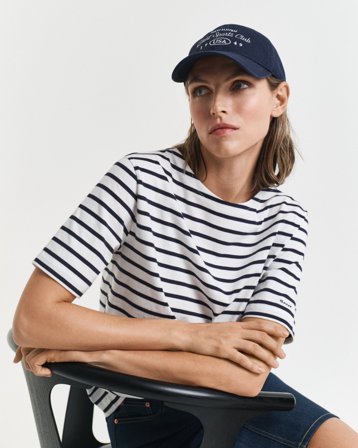 GANT Damen Gestreiftes T-Shirt mit U-Boot-Ausschnitt (S) Marineblau