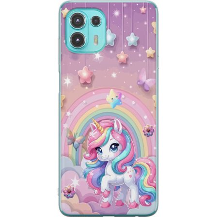 Kompatibelt Mobildeksel til Motorola Edge 20 Lite Magisk enhjørning med regnbue manke, stjerner og sommerfugler mot en pastellhimmel med skyer