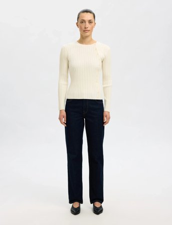 Selected Slfhelen Ls Knit Button O-Neck Top - White - XS