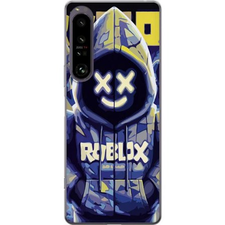 Kompatibelt Mobilskal till Sony Sony Xperia 1 IV Blå-gul Roblox huvtröja-figur med minimalistisk neonstil och meshansikte, modern spelillustration f