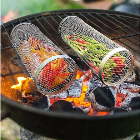 2 stk 30cm rustfritt stål grillkurv, rund grillbur