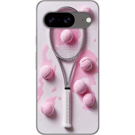 Kompatibel Mobilcover til Google Google Pixel 8 Rosa glaskugler og tennisketsjer i et kreativt stillbillede med legende popfølelse og moderne design,