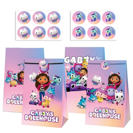 12 st Gabby's Dollhouse Papperspåsar Godis Loot Bag & Stickers Presentpåse Barn Födelsedagsdekorationer