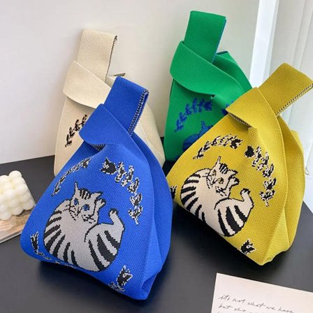 Retro Knitted Bag Women Contrast Color HandBag Cute Cat Pattern Bags Fashion Casual Tote Bag Designer Original Bag Open Handbag