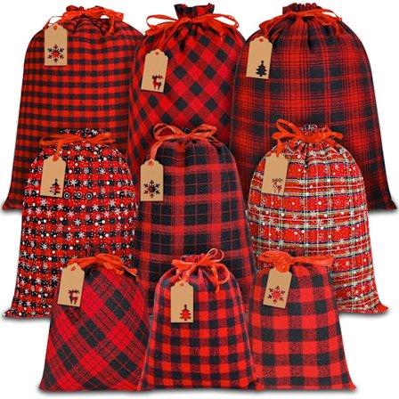9 x Juleposer med Snøre, Bomuldsposer med Bøffelkrydsmønster, Julerøde og Sorte Gaveposer med Kraftetiketter til Jul, Slik, Godter
