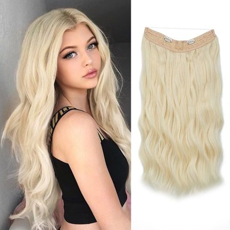 Halo Hair Extensions Osynlig tråd Vågigt lockigt långa syntetiska hårstycken för kvinnor Justerbart pannband 613B 24 inch