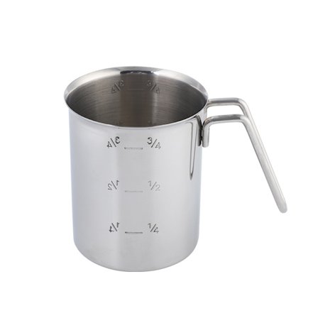 1000 ml målekop, rustfrit stål, intern skala, hældekant og ståltrådshåndtag, tåler opvaskemaskine