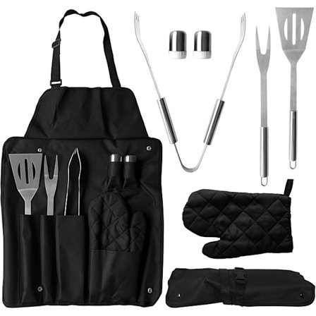 7-delt grillsett med grillforkle i rustfritt stål, grill og grilltilbehør