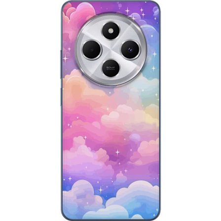 Kompatibelt Mobildeksel til Xiaomi Redmi 14C Søt enhjørning med regnbuefarget hår mot en stjernebelagt pastellbakgrunn i kawaii-stil