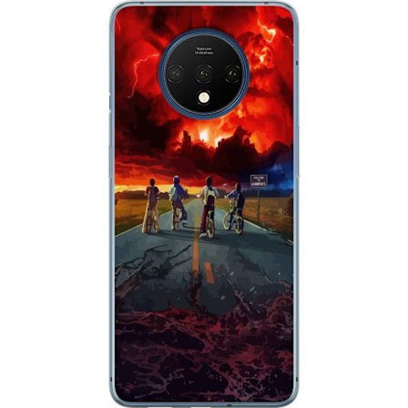 Kompatibel Mobilcover til OnePlus 7T Stranger Things-inspireret sci-fi-plakat med cyklende børn, dramatisk himmel og mørk fantasy-følelse, nostalgisk