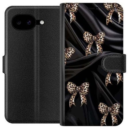 Yhteensopiva Lompakkokotelo Google Pixel 10a Leopardikuvioidut rusettinauhat mustalla silkkitaustalla, ylellinen muotoilu, jossa glamouria, eksklusiiv