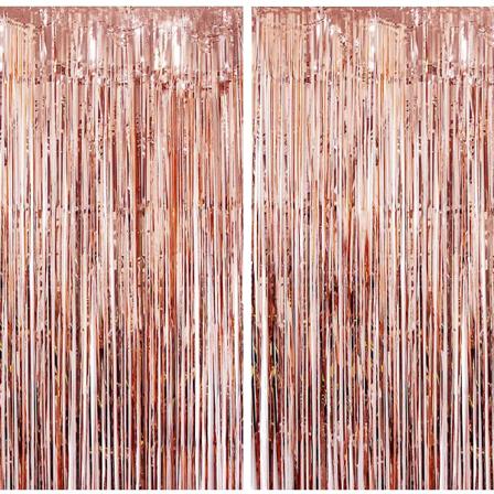 2 stk. Rose Gold 1*2,5m Rosegold Metallic Tinsel Gardin, Folie Frynser Gardiner, Baggrund til Fest Billeder, Fødselsdag Dekoration