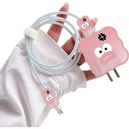 (Pinkki) Hauska Emoji iPhone -laturin johdon suojasarja, söpö aaltoileva muoto, USB-datakaapeli suoja, laturin johdon suoja