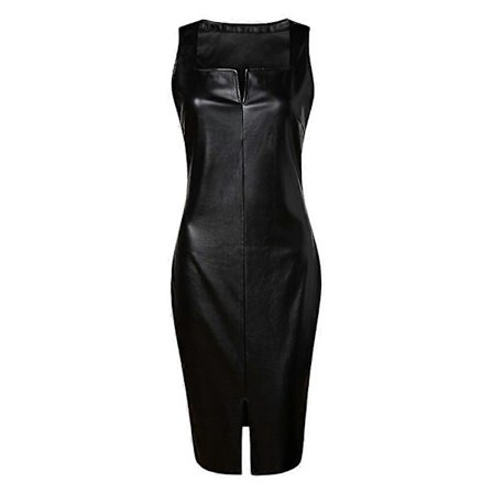 Dame PU Læder Ærmeløs Bodycon Blyant Kjole Fest Kjole Sexet Cocktail Midi Bodycon Kjole Størrelse XXL (Sort)_max