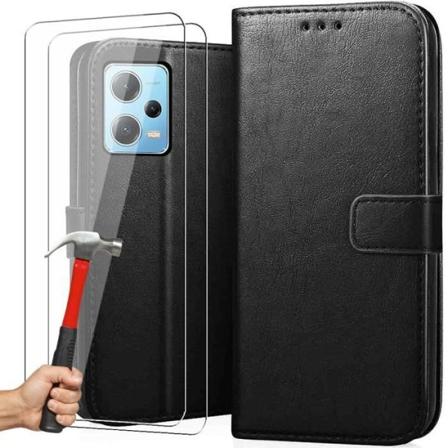 Etui til Redmi Note 12 Pro+ med 2 hærdede briller, lædereffekt Stødsikker fuld tegnebog sort Svart