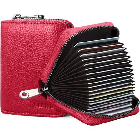 RFID Kredittkortholder i ekte skinn med 20 kortlommer, liten rød
