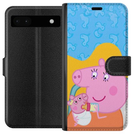 Kompatibelt Lommeboketui til Google Pixel 6a Peppa Gris familie motiv med mor gris, far gris og venner, fargerikt tegnet barnebilde