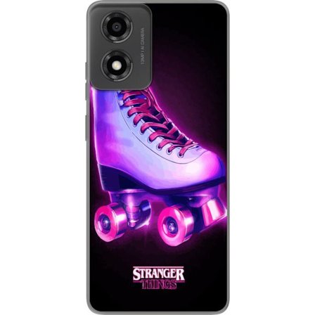 Motorola Moto E14 Gjennomsiktig deksel Retroglow-stil rulleskøyter i neonrosa og lilla mot svart bakgrunn, perfekt for åtti-talls inspirerte motiver