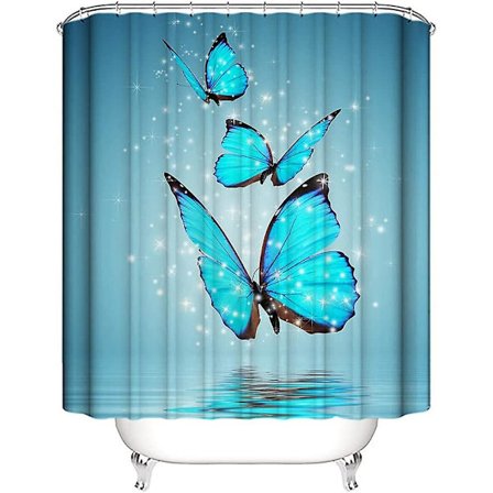 Blåt sommerfugle bruseforhæng til badeværelse, bruseforhæng med 12 kroge, badeværelsestilbehør (183 cm bredde x 183 cm længde)