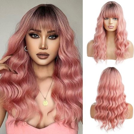 Vaaleanpunainen Ombre Aaltoileva Lämpöä Kestävä Synteettinen Peruukki Otsatukalla Osittain