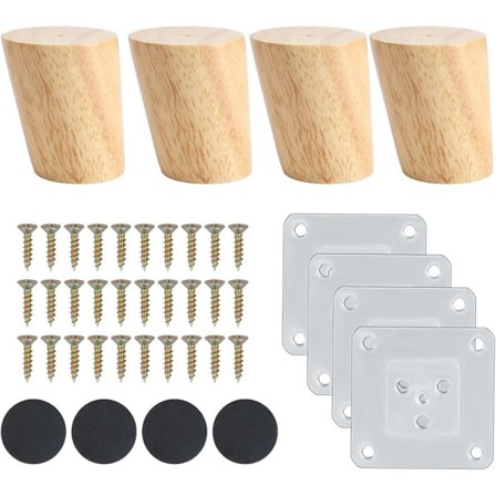 Sett med 4 møbelben i tre, 6 cm, med monteringsplate, skruer og sklisikker matte, skråstilte ben for benk, seng, skap, bord og stoler