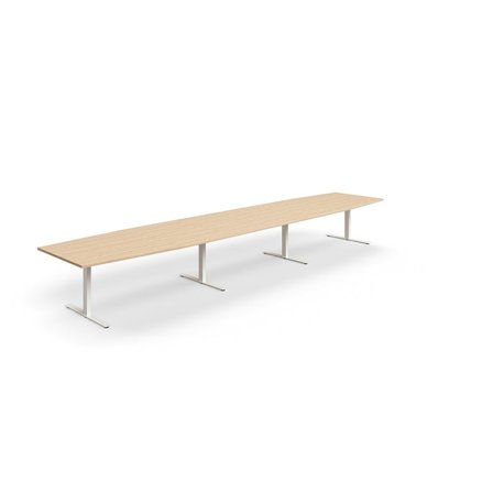 Conference table QBUS, boat shaped, 5600x1200 mm, T-frame, white frame, oak