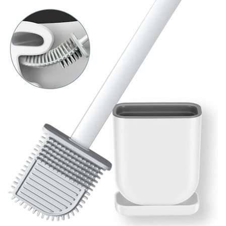(Valkoinen) Litteä Silikonivessa-harja ja teline -setti Vessanpönttö