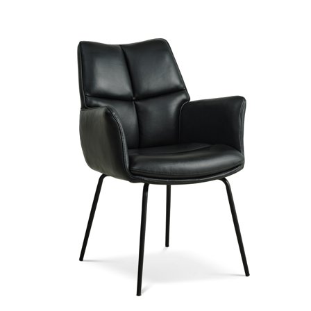 Lily spisebordsstol, Armlæn, Sort Læder - 62x64x91cm - Elegant spisebordsstol med armlæn - Komfortabel & stilfuld til spisestuen - Perfekt 