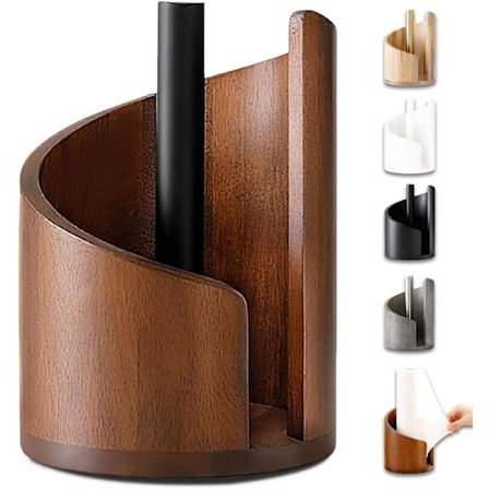 Tørkepapirholder i tre for benkeplate, laget av mangotre og en rund jernbase, med en trebase og jernstøtte.