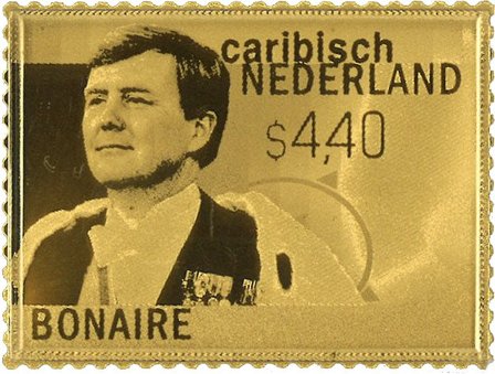 Bonaire - Guldfrimærke 10-året for tronskiftet - Postfrisk frimærke i 24 karat guld indkapslet og i skrin