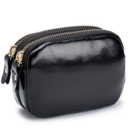 Sort Herre Pung i Ægte Læder Lille Sort Størrelse Let Tynd og Holdbar Dobbelt Rum Mønter Sedler Nøglering