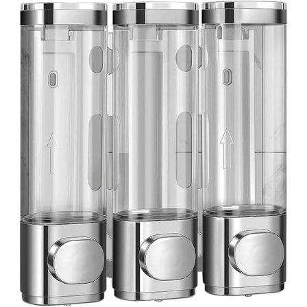 Shampoo og balsam dispenser, 3 kammer, vægmonteret uden boring, til badeværelse, køkken, hotel. Pumper er nemme at bruge, ingen lækager (sølv)