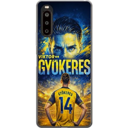 Yhteensopiva Puhelinkuori Sony Sony Xperia 10 II Viktor Gyökeres jalkapallojuliste keltaisella ja sinisellä värimaailmalla, dramaattinen stadiontau