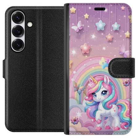 Kompatibel Tegnebogsetui til Samsung Galaxy S25 Magisk enhjørning med regnbue manke, stjerner og sommerfugle mod en pastelfarvet himmel med skyer