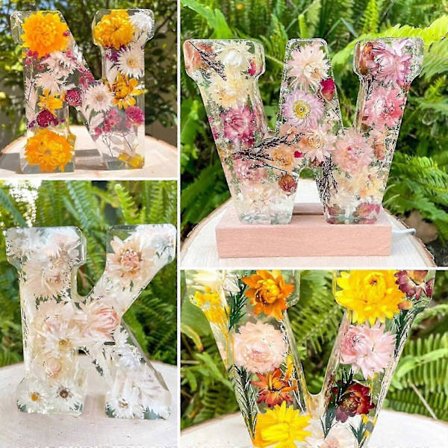 Blommig Nattlampa i Resin, Pressade Blommor Resin Bokstäver m/ LED Ljus Gåva till Honom/Henne-Yvan
