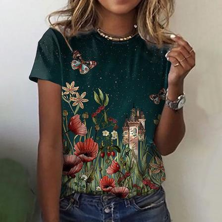 Print T-shirt För Kvinnor Med Blommönster