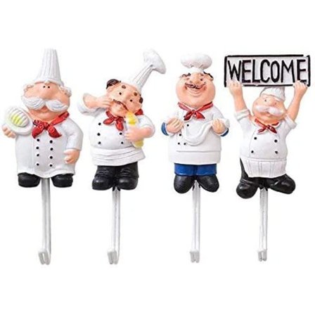 Pakke med 4 franske kokkefigurer i harpiks til vægophæng