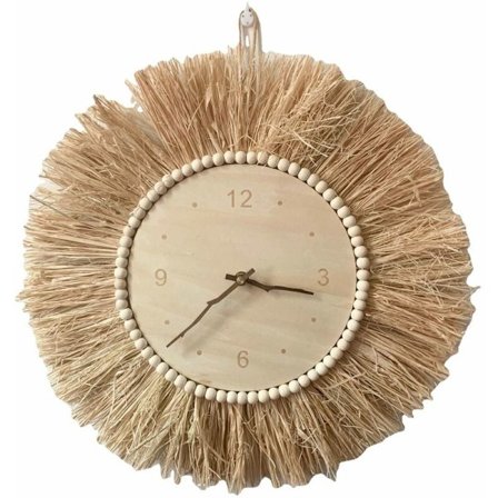 Handwoven Straw Wall Clock Nordic Minimalist Wood Silent Clock for Kids Room Decorations Figurines Photo Props