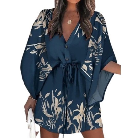 Kvindes Mini Kjole V-hals Udvidede Ærmer Elastisk Talje Snøre Casual Knap Ned Print Kort Kjole