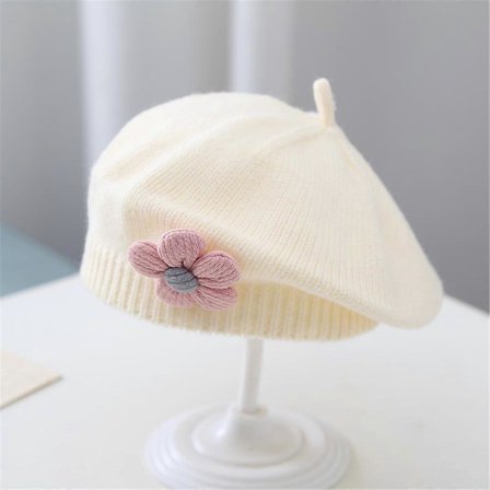 Små jenter Vinter Varm Fransk Beret Lue med Blomster Småbarn Baby Barn Bonnet Lue Strikket Ull Kunstner Maler Lue (LGL)
