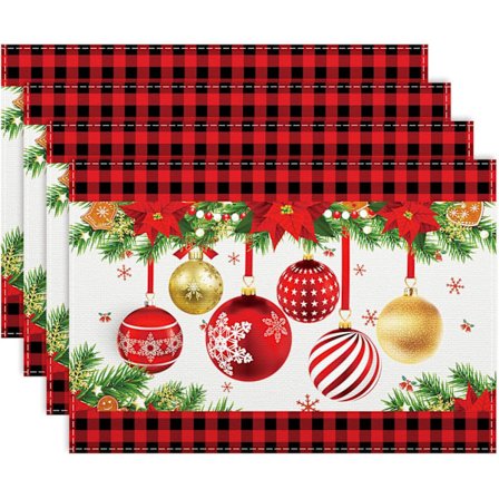 4-delt jule dækkeserviet sæt, 30x46 cm snebold og ternet design, skridsikre vaskbare bordmåtter til jule spisebord De