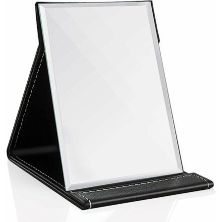 Foldbar spejl - Kosmetisk spejl, 160mm x 120mm bærbar spejl, hovedspejl med sort PU læderbetræk - Perfekt til rejser og hjemmebrug