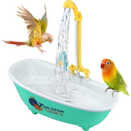 Papegøyebadekar, automatisk fuglebadekar med kran og dusj, fuglebadeleker for parakitter Budgie Cockatiel Conure og småfugler Green