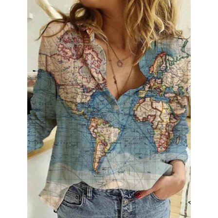 Dam Blus med Världskarta i Bomull och Linne, Lös Passform, Långärmad T-shirt