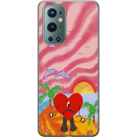 Kompatibelt Mobildeksel til OnePlus 9 Pro Bad Bunny i en fargerik quiltet jakke med hjertemønster og solbriller i moderne gatestil